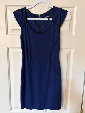 Express Navy Blue Cap Sleeve Sheath Dress with Black Piping